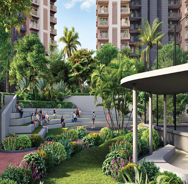 Landscaped garden area inside Ashiana Aaroham luxury residential apartment complex